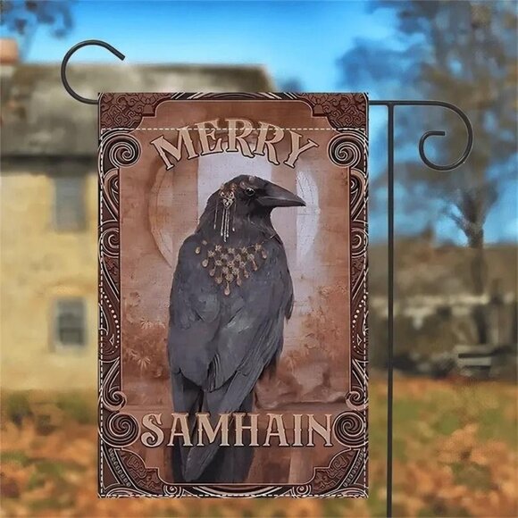 Merry Samhain Flag Garden Banner Crow Raven Pagan Witchy Decor Halloween Fall - Picture 1 of 6